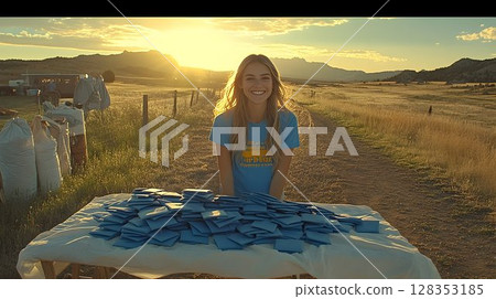 Smiling woman with blue squares in a sunset field 128353185