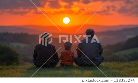 Family silhouetted against vibrant sunset landscape 128353274