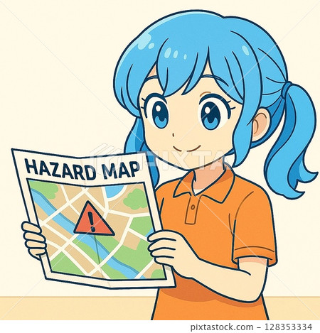 A girl checking a hazard map 128353334