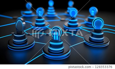 Interconnected glowing lightbulbs network digital innovation concept 128353376
