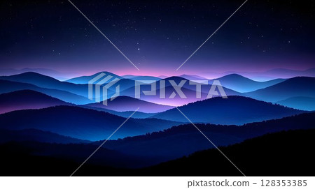 Majestic night mountain range dark blue purple hues scenic landscape 128353385