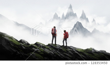 Back view of climbers overlooking the misty mountains 128353450