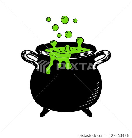 Witch cauldron with green bubbling brew. Sketch of witchcraft potion. Halloween symbol. Isolated vector illustration 128353486