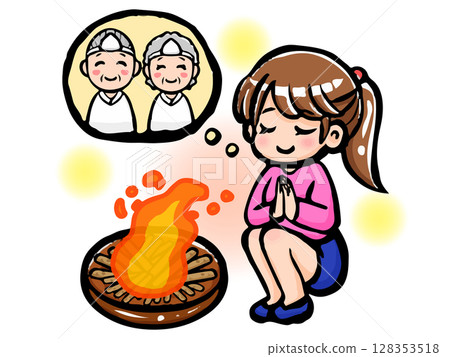 Illustration material of a woman mourning her ancestors with welcoming and sending-off fires during the Bon Festival 128353518
