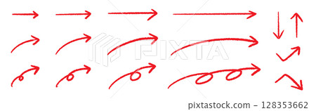 手繪箭頭材料,時尚的鋼筆塗鴉,各種長度設置,紅色 手繪箭頭材料,時尚的鋼筆塗鴉,各種長度設置,紅色 128353662