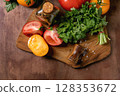 Fresh Vegetables Herbs Wooden Cutting Board 128353672