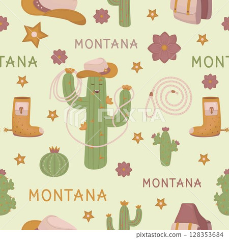 Montana seamless pattern in boho style, color vector background with a cactus-cowboy 128353684