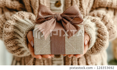 A pair of hands in a knitted sweater holding a cozy gift box wrapped in knit fabric and adorned with a satin bronze ribbon and floral accent 128353692