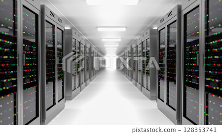 Server room data center. Backup, hosting, mainframe, farm and computer rack with storage information. 3d render 128353741