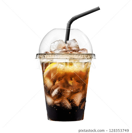 Cola with ice and citrus on a white background Cola with ice and citrus on a white background 128353749