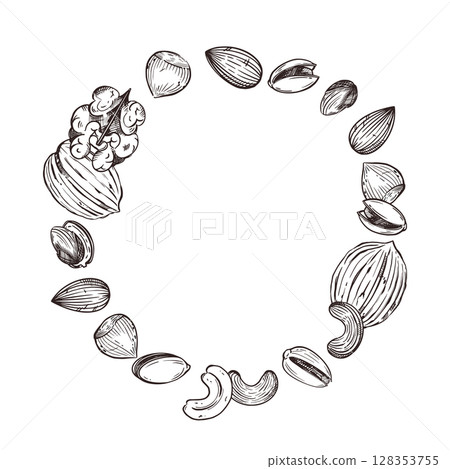 Vector illustration of nuts, walnuts, pistachios, almonds, hazelnuts, cashews. All objects are hand-drawn in vector. For printing on nut packaging, for the design of departments in the store. Vector illustration of nuts, walnuts, pistachios, almonds, hazelnuts, cashews. All objects are hand-drawn in vector. For printing on nut packaging, for the design of departments in the store. 128353755