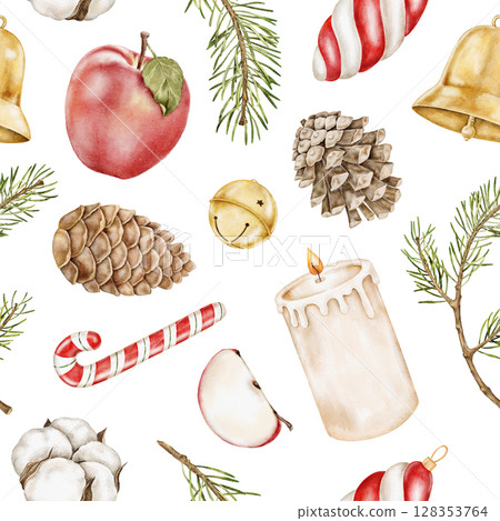 Seamless watercolor Christmas pattern with apples, pine cones, golden bells, candy canes, branches, and candles. Hand painted festive texture for wrapping paper, fabric print, or background. 128353764