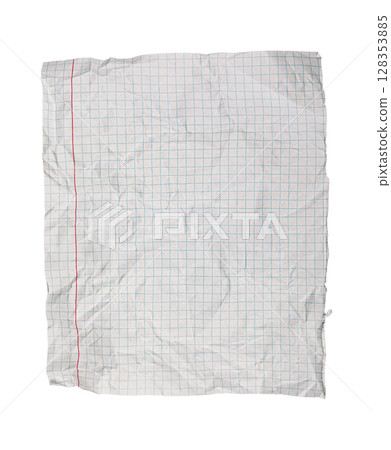 Crumpled Torn Checkered Paper on White Background for Study and Recycling 128353885