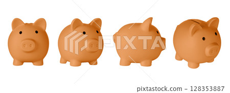 Set Piggy bank pig Orange color on isolated white background Set Piggy bank pig Orange color on isolated white background 128353887