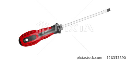 Flathead Screwdriver with Red Black Handle for Repair Tasks on isolated background close-up Flathead Screwdriver with Red Black Handle for Repair Tasks on isolated background close-up 128353890