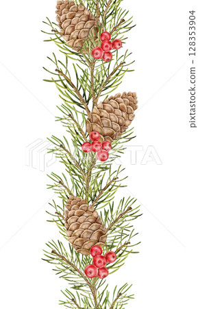 Watercolor Christmas border with pine cones shaped as hearts, red bows and evergreen branches. Hand painted illustration for cards, packaging, textile and festive design. Watercolor Christmas border with pine cones shaped as hearts, red bows and evergreen branches. Hand painted illustration for cards, packaging, textile and festive design. 128353904