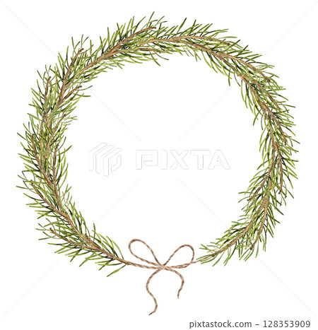 Watercolor hand painted illustration of a rustic Christmas wreath made of pine branches and a simple rope bow. Isolated on white. Perfect for greeting cards, winter invitations, and festive prints. Watercolor hand painted illustration of a rustic Christmas wreath made of pine branches and a simple rope bow. Isolated on white. Perfect for greeting cards, winter invitations, and festive prints. 128353909