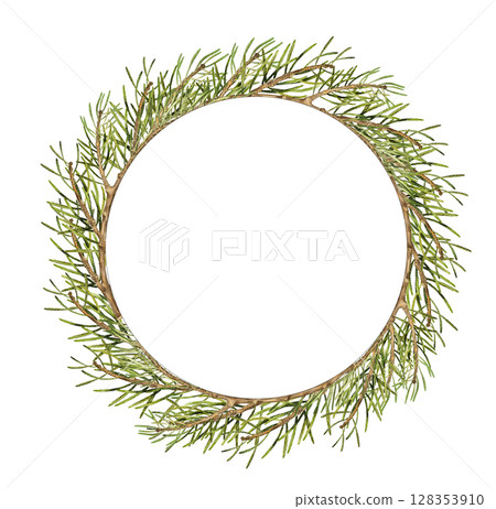 Watercolor illustration of a round frame made of green pine twigs. Hand painted botanical element isolated on white. Suitable for holiday cards, labels, or rustic packaging designs. Watercolor illustration of a round frame made of green pine twigs. Hand painted botanical element isolated on white. Suitable for holiday cards, labels, or rustic packaging designs. 128353910