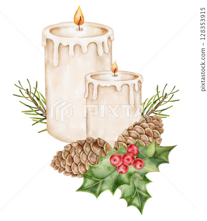 Watercolor illustration of two candles with pinecones and holly. Christmas hand painted clipart on white. Perfect for winter greeting cards, packaging, textile, seasonal DIY. 128353915