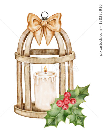 Watercolor illustration of wooden lantern with candle and beige bow on top. Classic Christmas style with holly. Perfect for cards, stickers, packaging, textile, winter projects. Watercolor illustration of wooden lantern with candle and beige bow on top. Classic Christmas style with holly. Perfect for cards, stickers, packaging, textile, winter projects. 128353916