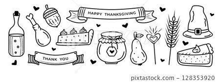 Thanksgiving doodle set, black and white vector illustrations 128353920