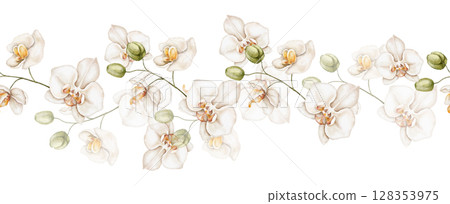 Watercolor floral seamless repeatable border featuring cream white orchids with green buds. Gentle hand painted illustration perfect for nature inspired designs, cards and product packaging. Watercolor floral seamless repeatable border featuring cream white orchids with green buds. Gentle hand painted illustration perfect for nature inspired designs, cards and product packaging. 128353975