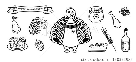 Monochrome Thanksgiving doodle set, cute black and white vector pictograms Monochrome Thanksgiving doodle set, cute black and white vector pictograms 128353985