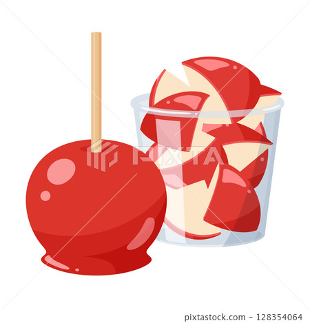 切好的糖蘋果和整個糖蘋果的插圖 128354064