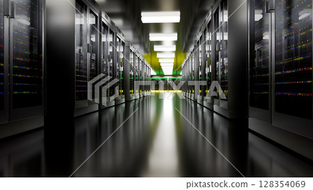 Server room data center. Backup, mining, hosting, mainframe, farm and computer rack with storage information. 3d render Server room data center. Backup, mining, hosting, mainframe, farm and computer rack with storage information. 3d render 128354069