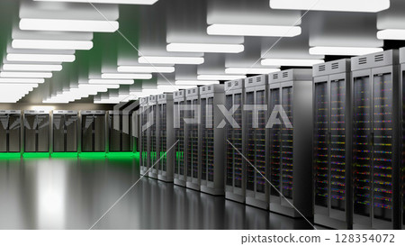 Server room data center. Backup, mining, hosting, mainframe, farm and computer rack with storage information. 3d render Server room data center. Backup, mining, hosting, mainframe, farm and computer rack with storage information. 3d render 128354072