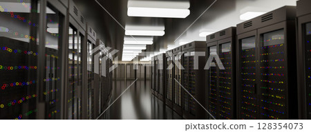 Server room data center. Backup, mining, hosting, mainframe, farm and computer rack with storage information. 3d render Server room data center. Backup, mining, hosting, mainframe, farm and computer rack with storage information. 3d render 128354073