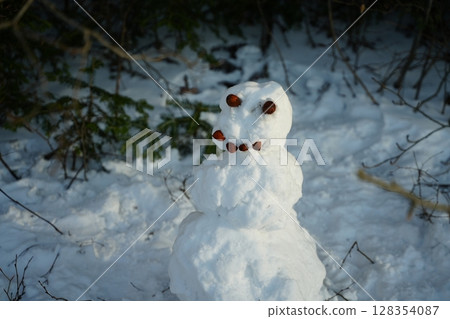 Snowman with Nut Features Amidst Winter Scenery 128354087