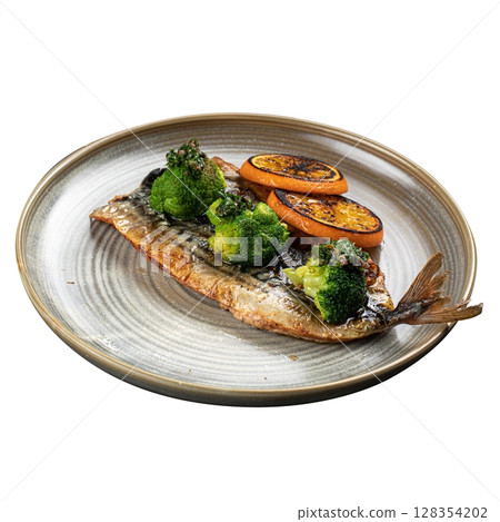 Grilled mackerel with broccoli and orange on plate Grilled mackerel with broccoli and orange on plate 128354202