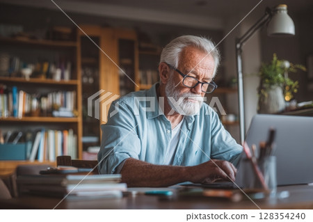 Focused elderly man working on a laptop at a desk in his cozy home office. Surrounded by books and 128354240