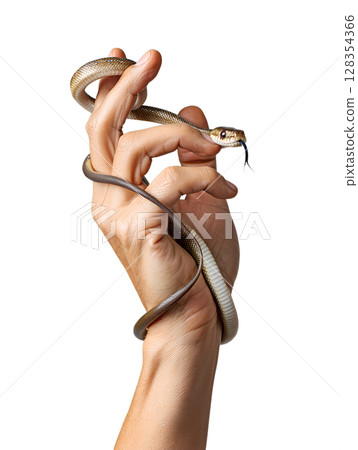 Snake coiled around human fingers isolated on the transparent background, exotic animal showcase 128354366