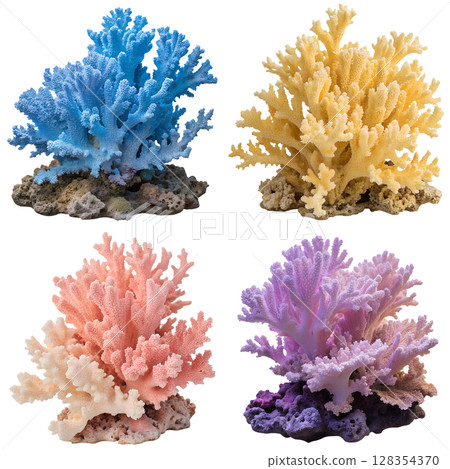 Vibrant coral reef collection isolated, tropical underwater ecosystem with colorful species diversity 128354370