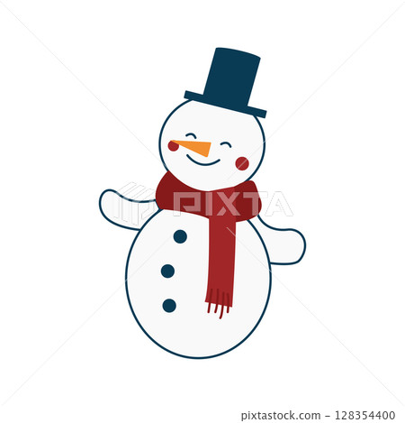 Christmas cute snowman in black top hat and red scarf on white background. Funny cartoon vector illustration. Design element for New Year and Christmas. Winter illustration for winter decor, packaging 128354400