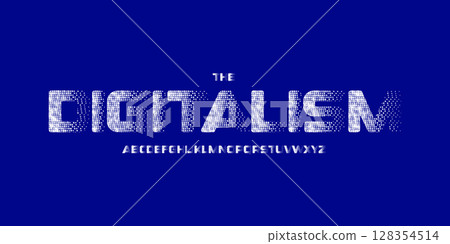 Pixel digital logo font, halftone futuristic alphabet. Glitch geometric typeface for sci-fi headline, tech stream interface, hacker display, cyberpunk branding, UI, digital HUD. Vector typography Pixel digital logo font, halftone futuristic alphabet. Glitch geometric typeface for sci-fi headline, tech stream interface, hacker display, cyberpunk branding, UI, digital HUD. Vector typography 128354514