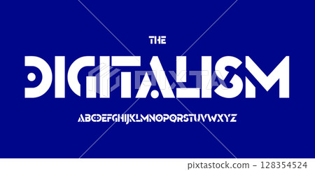 Modern techno logo font, abstract geometric alphabet. Bold futuristic typeface for digital headline, sci-fi interface, game HUD, cyberpunk branding, innovation design, tech display. Vector typography Modern techno logo font, abstract geometric alphabet. Bold futuristic typeface for digital headline, sci-fi interface, game HUD, cyberpunk branding, innovation design, tech display. Vector typography 128354524