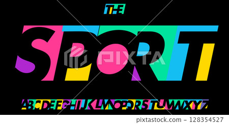 Colorful abstract alphabet, bold sport letters, geometric modular font with vibrant display feel, creative logo branding, modern poster headline, artistic typographic identity. Vector typeset Colorful abstract alphabet, bold sport letters, geometric modular font with vibrant display feel, creative logo branding, modern poster headline, artistic typographic identity. Vector typeset 128354527