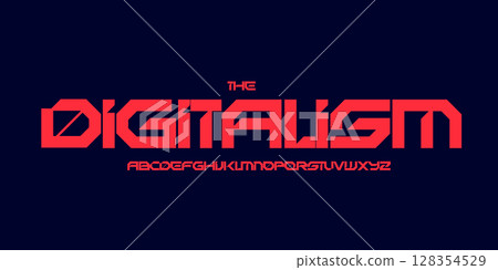 Futuristic techno logo font, angular sci-fi alphabet. Bold geometric typeface for digital headline, cyberpunk interface, robotic HUD, sport, gaming UI design, future tech branding. Vector typography 128354529