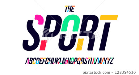 Stencil Blocky Font, Colorful Creative Alphabet With Geometric Shapes and Vibrant Colors. Bold Narrow Typeface for Logo, Poster Headline, Modern Branding, Sport Typographic Design. Vector Typeset Stencil Blocky Font, Colorful Creative Alphabet With Geometric Shapes and Vibrant Colors. Bold Narrow Typeface for Logo, Poster Headline, Modern Branding, Sport Typographic Design. Vector Typeset 128354530