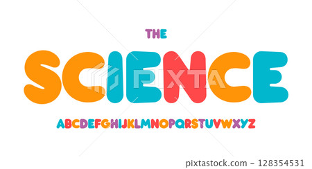 Kid Science educational font, STEM colorful alphabet for scientific headline, funny scientific game and lessons book typographic design. Modern vector typeset 128354531