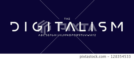 Futuristic techno digital font with clean geometric typeface. Cyberpunk minimalistic alphabet for science branding, gaming, UI, UX, tech design. Capital letters for display title. Vector illustration. Futuristic techno digital font with clean geometric typeface. Cyberpunk minimalistic alphabet for science branding, gaming, UI, UX, tech design. Capital letters for display title. Vector illustration. 128354533