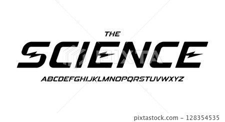 Science technology font, futuristic alphabet for scientific headline, medical digital product logo, display device typography, app UI typographic design. Modern vector typeset. 128354535