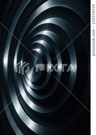 Concentric Brushed Steel Waves Forming Abstract Industrial Vortex 128354559