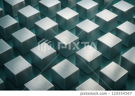 Precise Brushed Aluminum Cube Array Forming Geometric Grid over Teal Surface Precise Brushed Aluminum Cube Array Forming Geometric Grid over Teal Surface 128354567