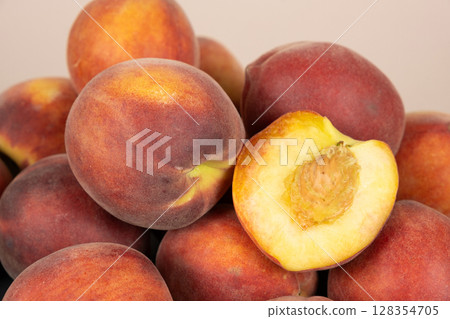 A Pile of Juicy Peaches. Natural Summer Fruit Macro 128354705