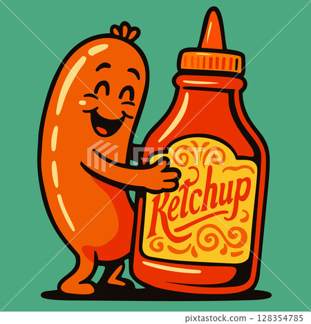 Sausage hugging ketchup bottle. Retro cartoon groovy vector illustration Sausage hugging ketchup bottle. Retro cartoon groovy vector illustration 128354785
