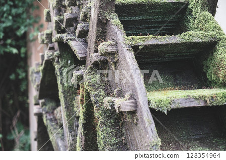 [Hamadera Park Rose Garden] A garden with a retro waterwheel and beautiful roses 128354964